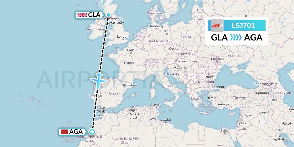 LS3701 Jet2 Flight Map: Glasgow to Agadir