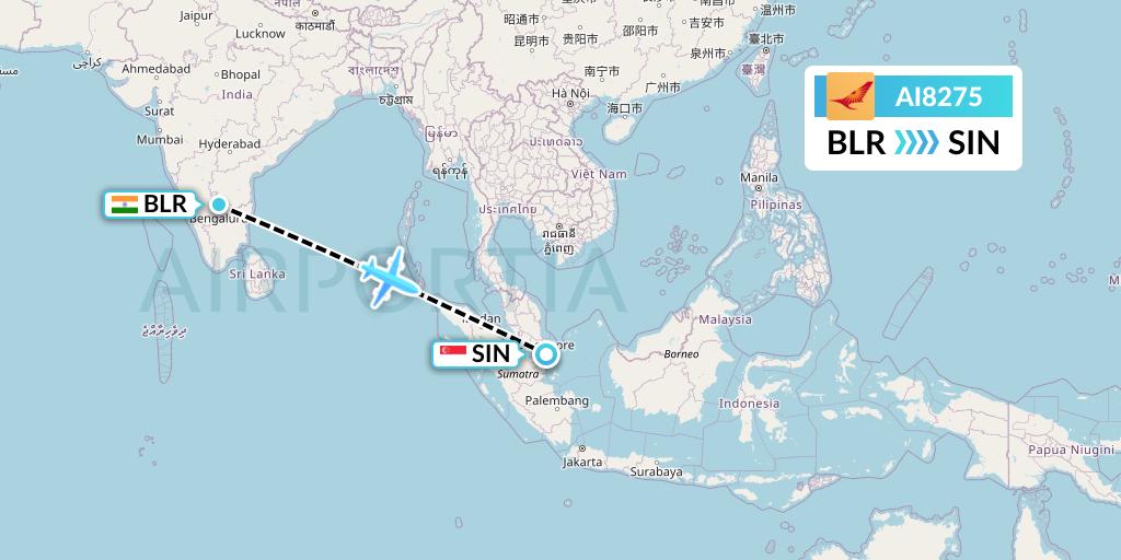 AI8275 Air India Flight Map: Bangalore to Singapore