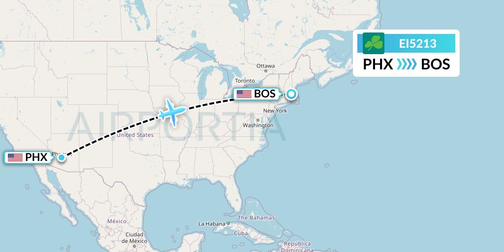 EI5213 Aer Lingus Flight Map: Phoenix to Boston