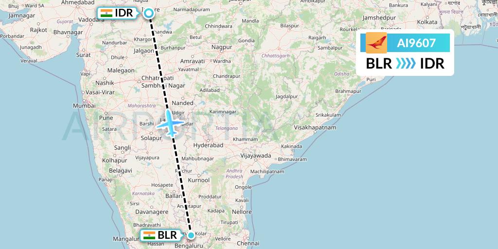 AI9607 Air India Flight Map: Bangalore to Indore