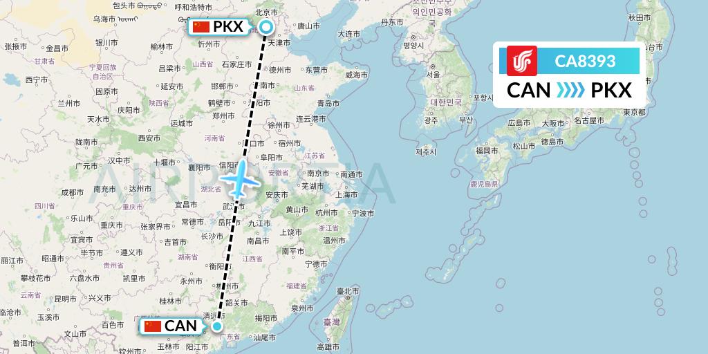 CA8393 Air China Flight Map: Guangzhou to Beijing