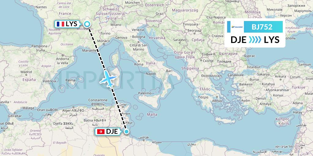 BJ752 Nouvelair Tunisie Flight Map: Djerba to Lyon