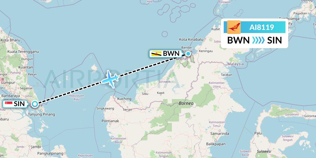 AI8119 Air India Flight Map: Brunei to Singapore
