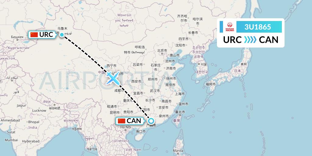 3U1865 Sichuan Airlines Flight Map: Urumqi to Guangzhou