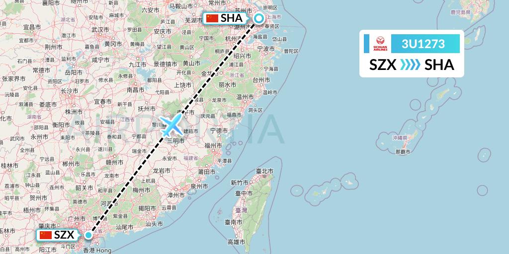 3U1273 Sichuan Airlines Flight Map: Shenzhen to Shanghai