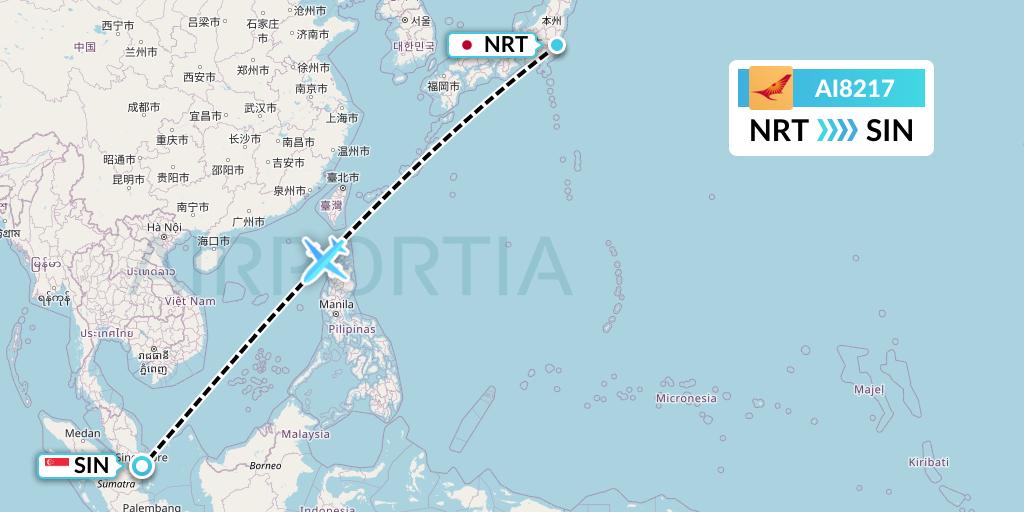 AI8217 Air India Flight Map: Tokyo to Singapore