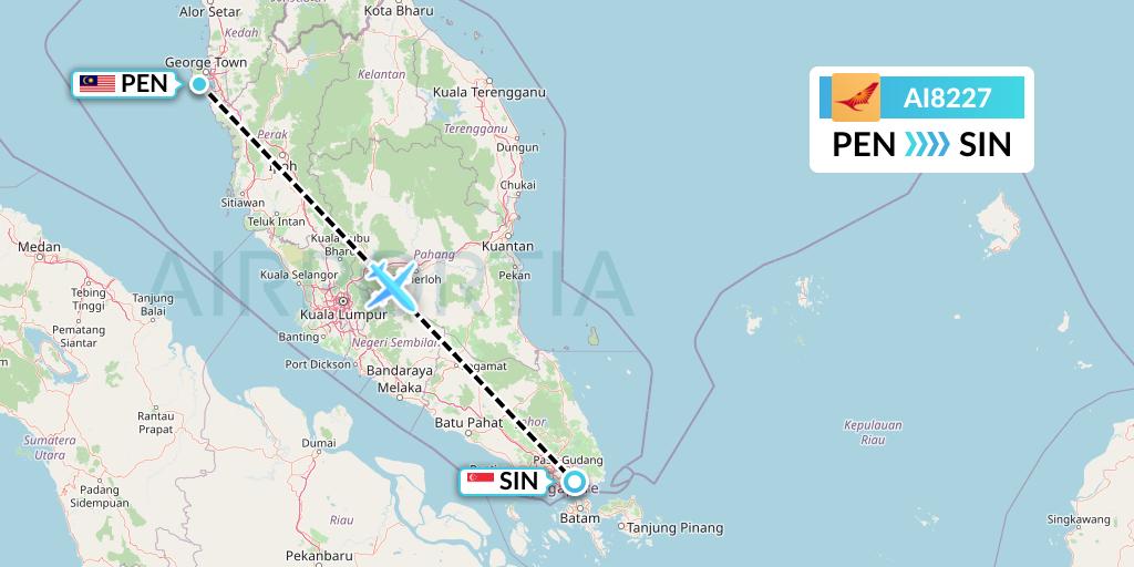AI8227 Air India Flight Map: Penang to Singapore