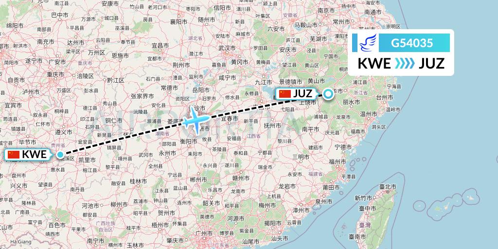 G54035 China Express Airlines Flight Map: Guiyang to Quzhou