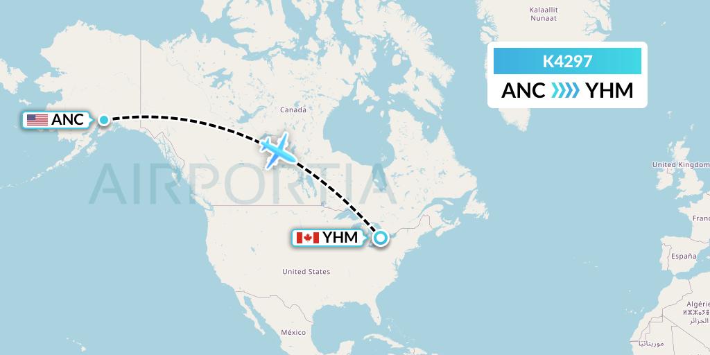 K4297 Kalitta Air Flight Map: Anchorage to Hamilton