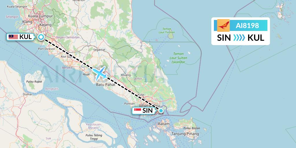 AI8198 Air India Flight Map: Singapore to Kuala Lumpur