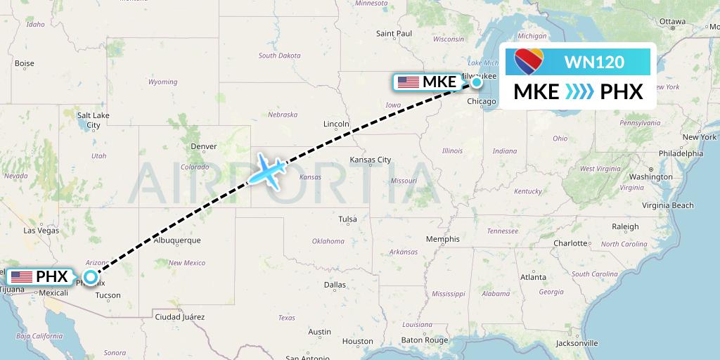 WN120 Southwest Airlines Flight Map: Milwaukee to Phoenix
