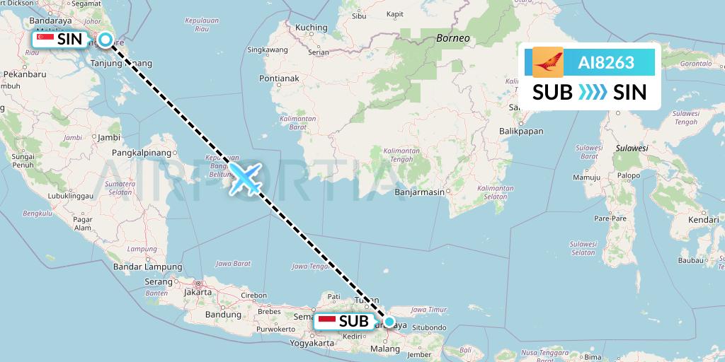 AI8263 Air India Flight Map: Surabaya to Singapore