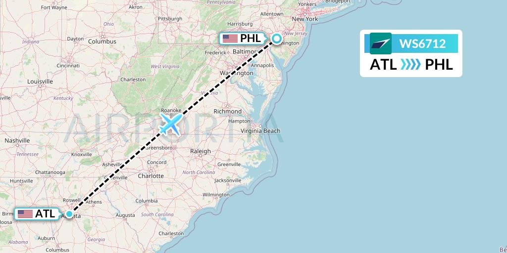 WS6712 WestJet Flight Map: Atlanta to Philadelphia