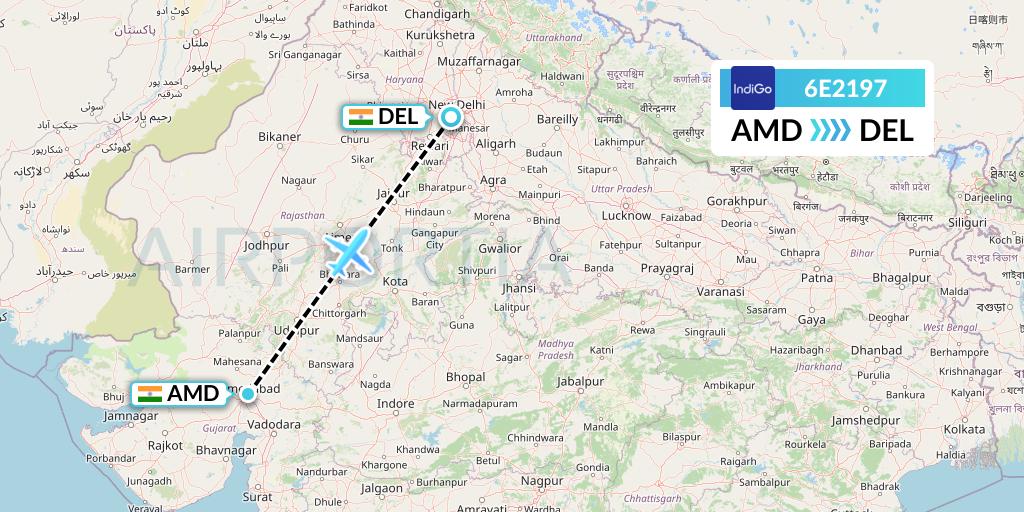 6E2197 IndiGo Airlines Flight Map: Ahmedabad to Delhi