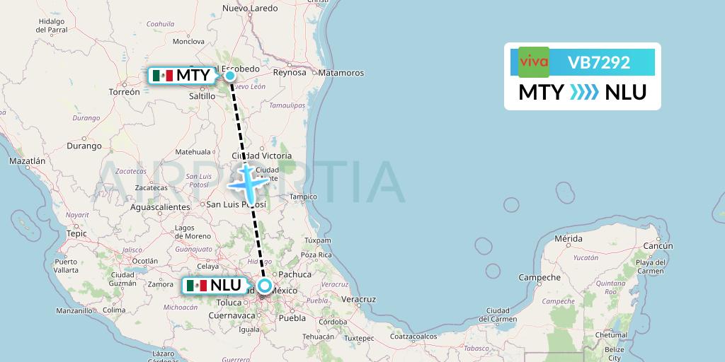 VB7292 VivaAerobus Flight Map: Monterrey to Reyes Acozac