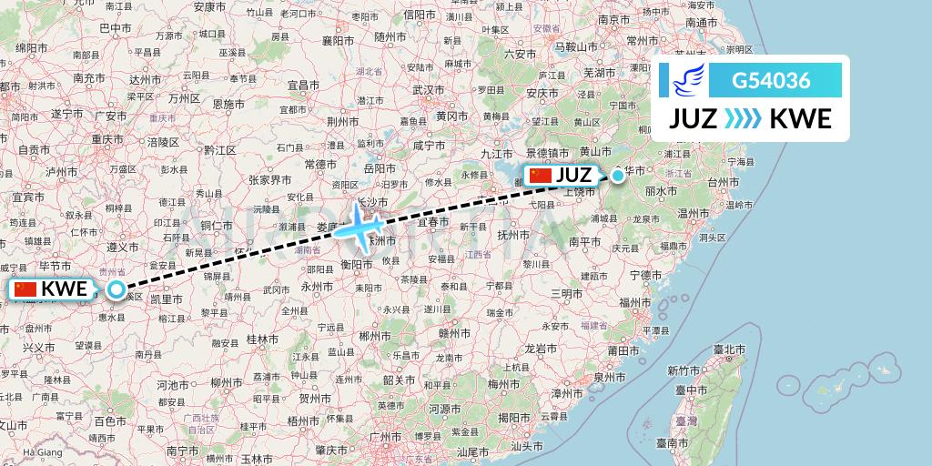 G54036 China Express Airlines Flight Map: Quzhou to Guiyang