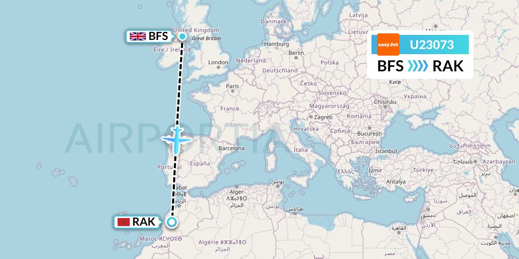 U23073 EasyJet Flight Map: Belfast to Marrakesh 