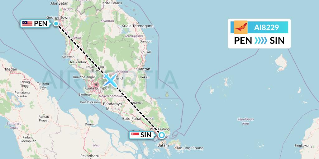 AI8229 Air India Flight Map: Penang to Singapore