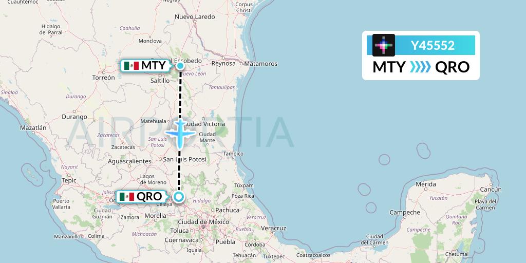 Y45552 Volaris Flight Map: Monterrey to Queretaro