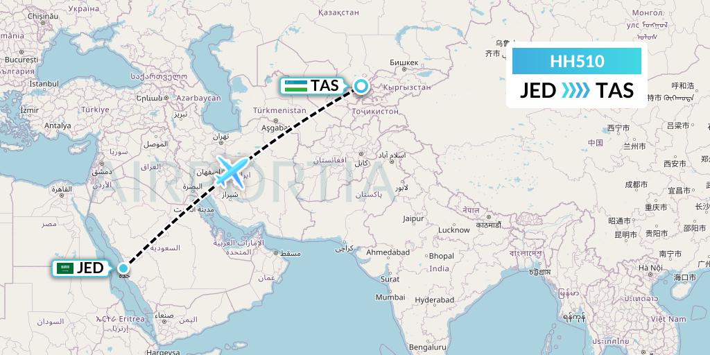 HH510 Qanot Sharq Flight Map: Jeddah to Tashkent