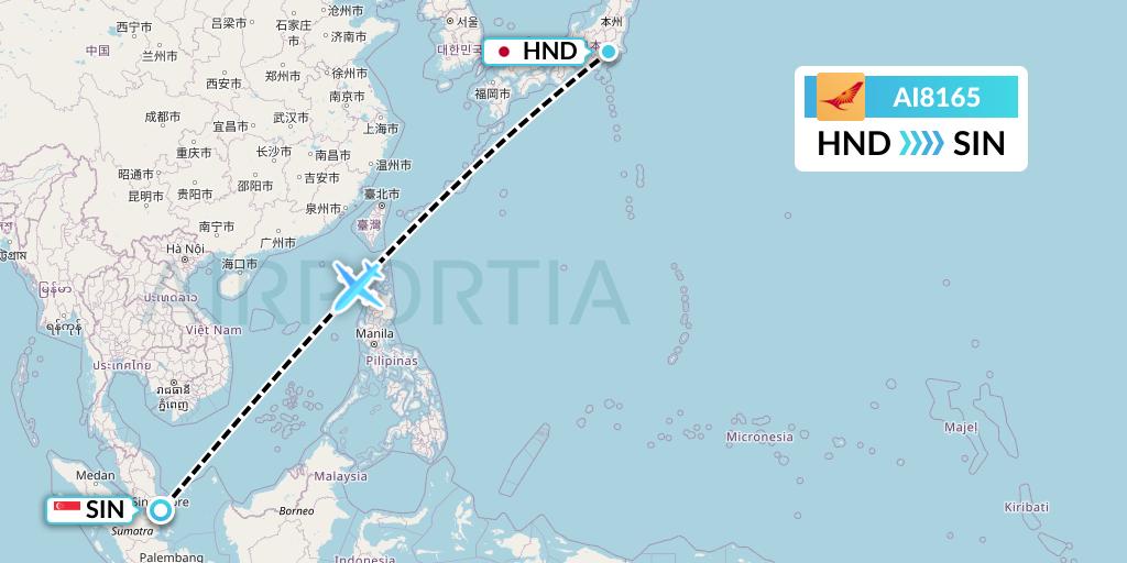 AI8165 Air India Flight Map: Tokyo to Singapore