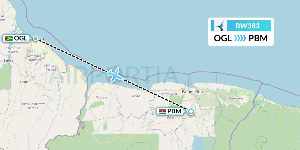 BW383 Caribbean Airlines Flight Map: Georgetown to Paramaribo