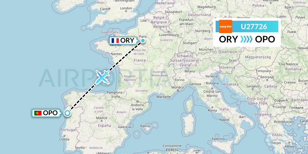 U27726 EasyJet Flight Map: Paris to Porto
