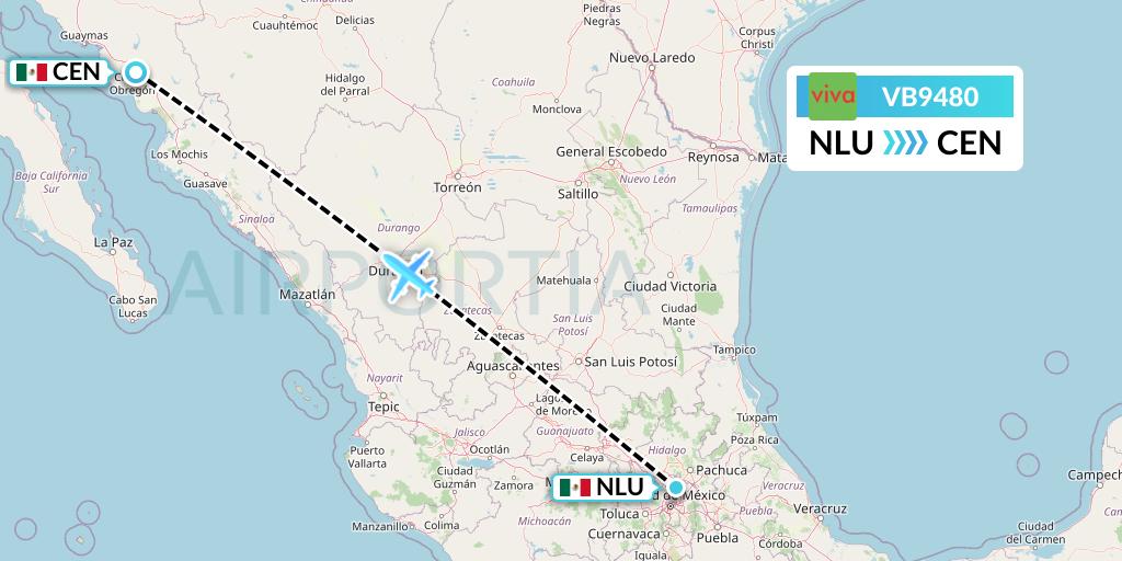VB9480 VivaAerobus Flight Map: Reyes Acozac to Ciudad Obregon