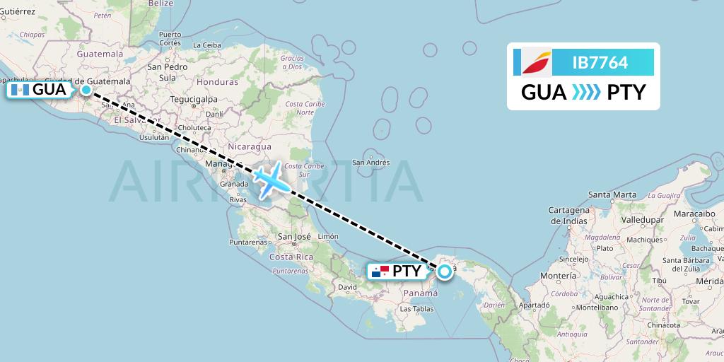 IB7764 Iberia Flight Map: Guatemala City to Panama City