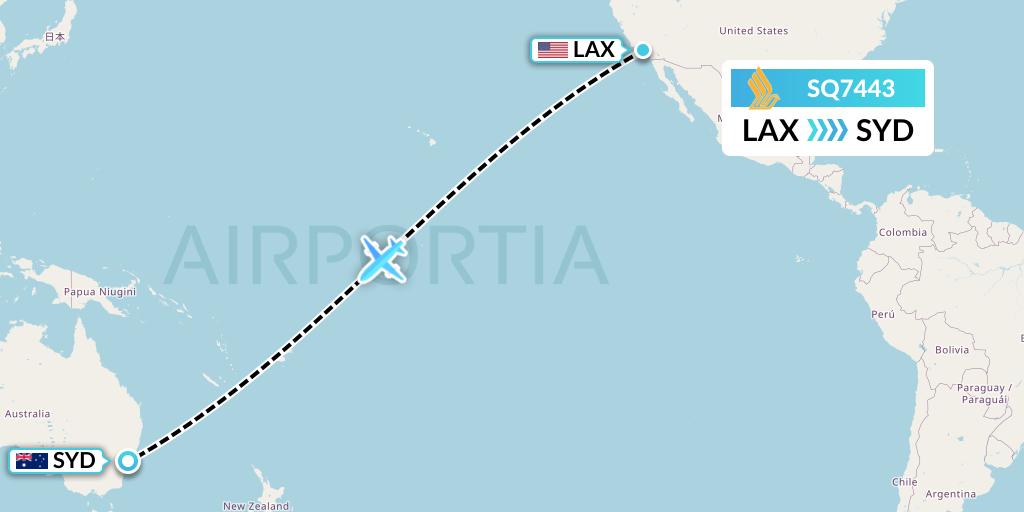 SQ7443 Singapore Airlines Flight Map: Los Angeles to Sydney