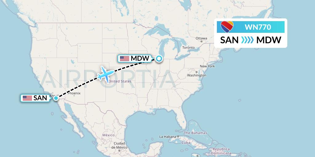 WN770 Southwest Airlines Flight Map: San Diego to Chicago