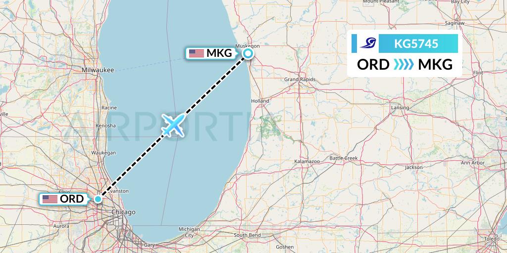 KG5745 Key Lime Air Flight Map: Chicago to Muskegon