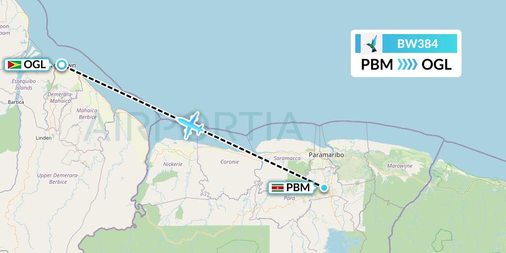 BW384 Caribbean Airlines Flight Map: Paramaribo to Georgetown