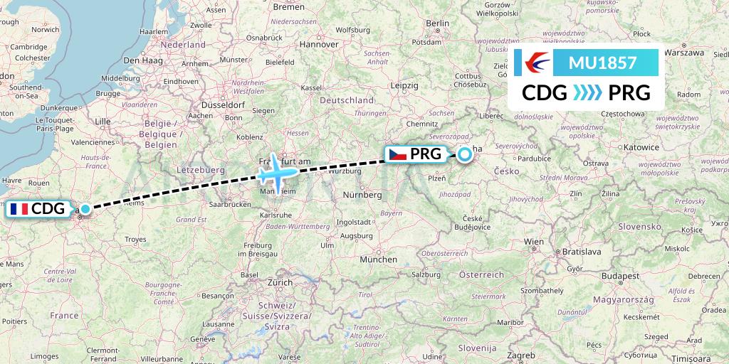 MU1857 China Eastern Airlines Flight Map: Paris to Prague