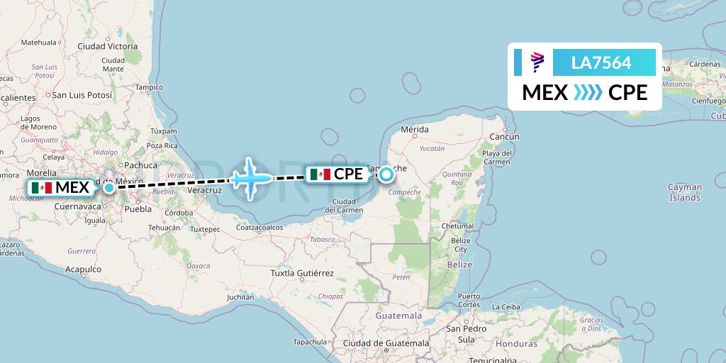 LA7564 LAN Airlines Flight Map: Mexico City to Campeche