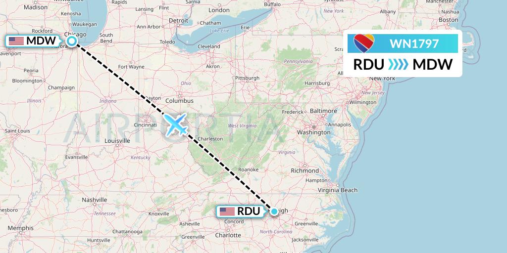 WN1797 Southwest Airlines Flight Map: Raleigh-Durham to Chicago