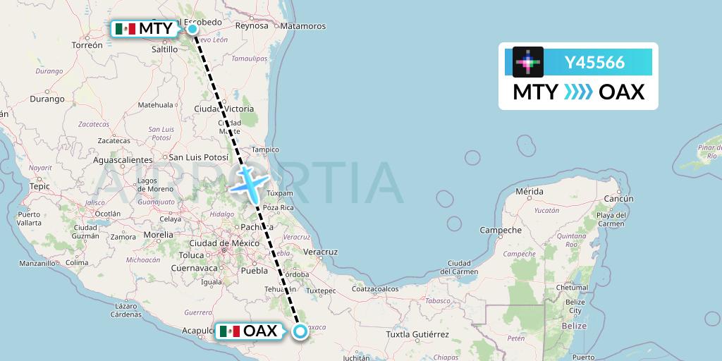 Y45566 Volaris Flight Map: Monterrey to Oaxaca
