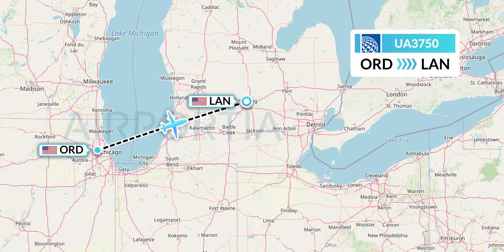 UA3750 United Airlines Flight Map: Chicago to Lansing