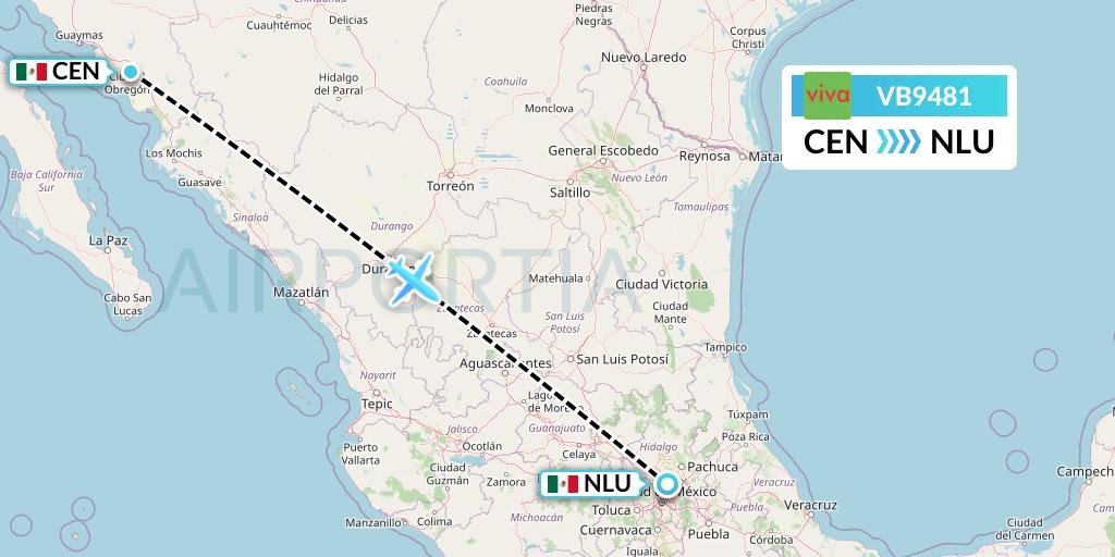 VB9481 VivaAerobus Flight Map: Ciudad Obregon to Reyes Acozac