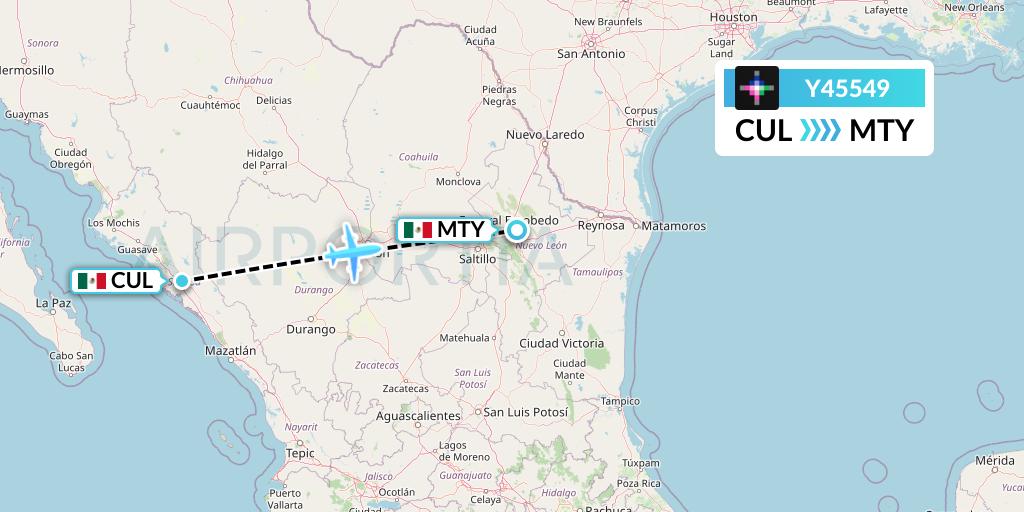 Y45549 Volaris Flight Map: Culiacan to Monterrey