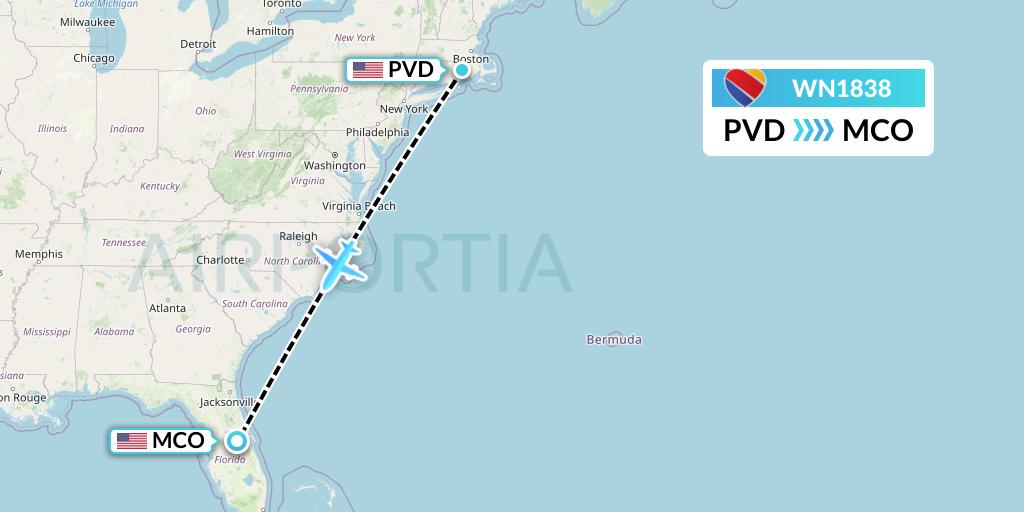 WN1838 Southwest Airlines Flight Map: Providence to Orlando