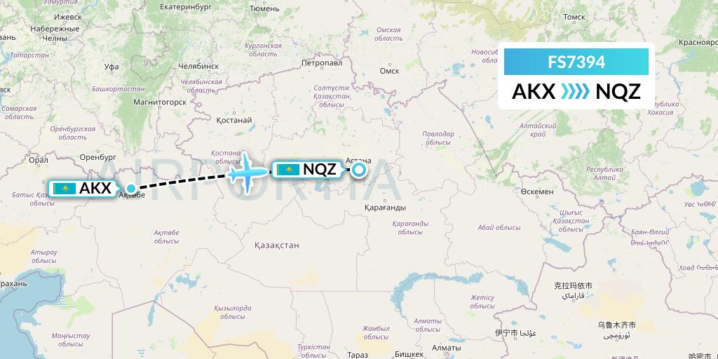 FS7394 Flyr Flight Map: Aktobe to Astana