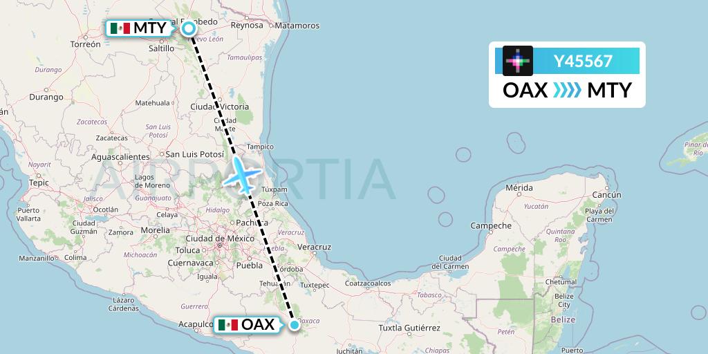 Y45567 Volaris Flight Map: Oaxaca to Monterrey