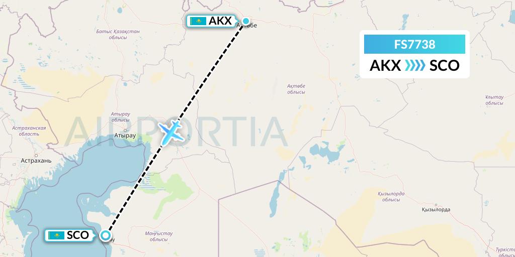 FS7738 Flyr Flight Map: Aktobe to Aktau