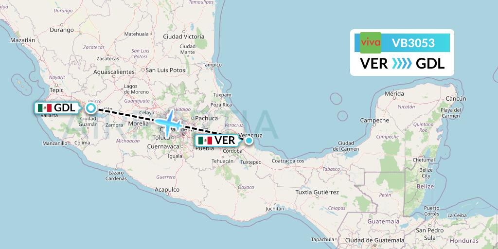 VB3053 VivaAerobus Flight Map: Veracruz to Guadalajara