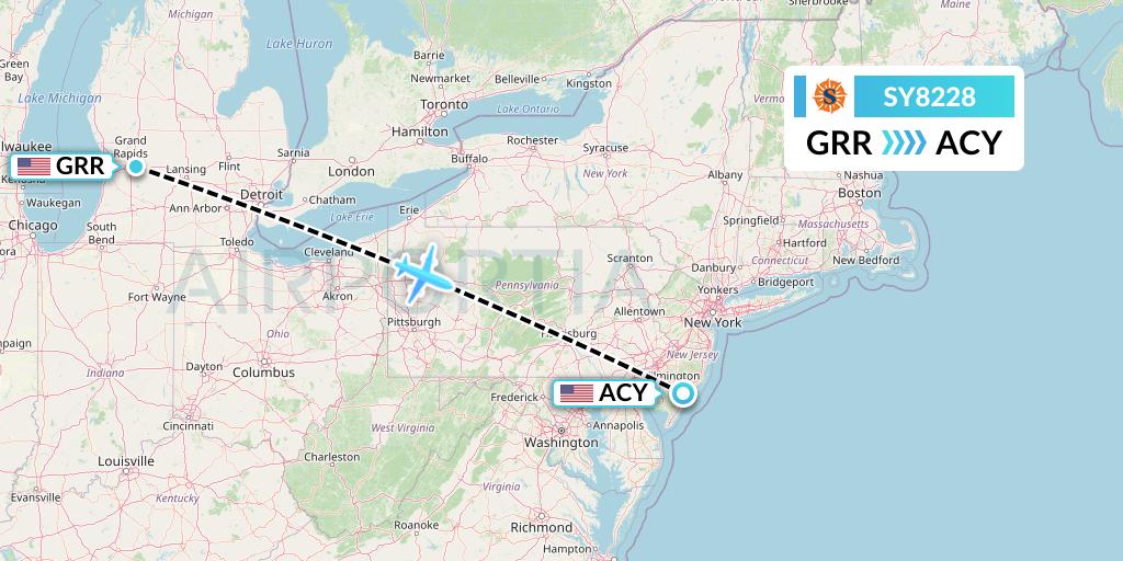 SY8228 Sun Country Airlines Flight Map: Grand Rapids to Atlantic City