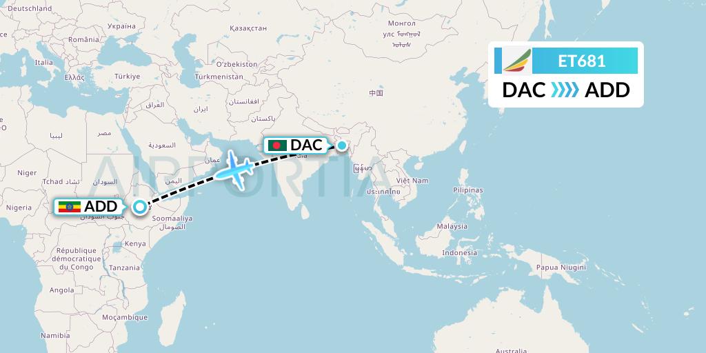 ET681 Ethiopian Airlines Flight Map: Dhaka to Addis Ababa