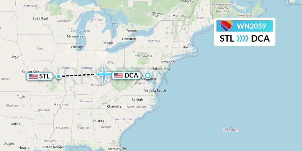 WN2059 Southwest Airlines Flight Map: St. Louis to Washington