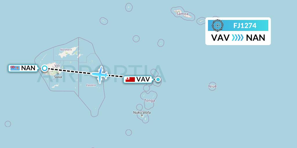 FJ1274 Fiji Airways Flight Map: Vavau to Nadi