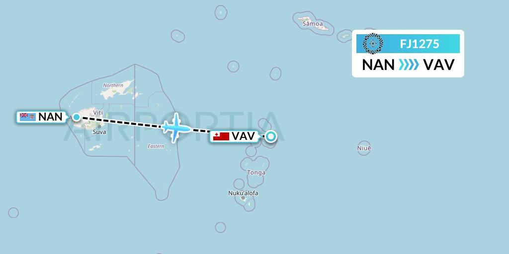 FJ1275 Fiji Airways Flight Map: Nadi to Vavau
